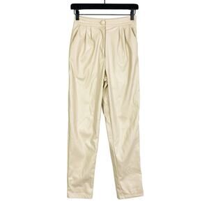 Princess Polly Size 2 US High Rise Pleated Faux Leather Stretch Pants Cream